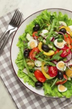 Vegetable salad, with quail eggs and olives, fresh, close-up, no people