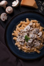 Fusilli pasta, with champignons in cream sauce, top view, with ingredients, on a wooden table, no