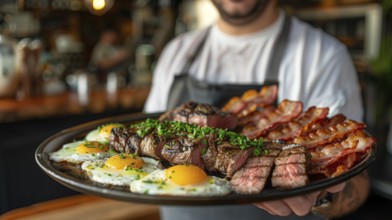 Man holding out A plate filled with steak, bacon and eggs. generative AI, AI generated