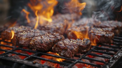 Several beef steaks sizzling on the BBQ. generative AI, AI generated