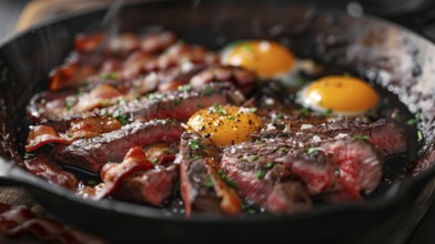 Cast iron pan with thick steak and eggs cooking. generative AI, AI generated