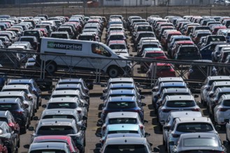 Car terminal in the inland port Logport I, in Duisburg on the Rhine, vehicle handling of new cars,