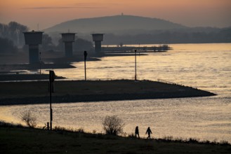 Rhine at Duisburg-Bruckhausen, towers of the water extraction facilities of ThyssenKrupp Steel