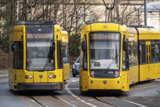 Ruhrbahn trams, at Essen-Steele S-Bahn station, interface between rail transport and tram and bus