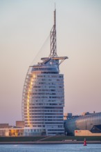 Skyline of Bremerhaven, seen over the Weser, Atlantic Sail City Hotel, Klimahaus, in Bremerhaven,