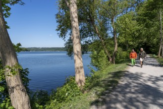 Hiking on the Baldeney Steig, a hiking trail around Lake Baldeney in Essen, a Ruhr reservoir, over