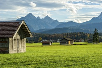 Green meadow with hay huts, behind Große, Mittlere and Hintere Arnspitze of the Arnspitzgruppe,