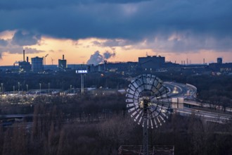 Skyline of the steel location Duisburg, Thyssenkrupp Steel Europe, in Duisburg-Bruckhausen, sunset,