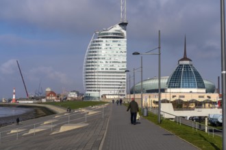 Skyline of Bremerhaven, Atlantic Sail City Hotel skyscraper, Klimahaus, harbour worlds, Weser dyke,