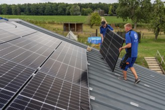 Installation of solar modules on the roof of a barn on a farm, over 240 photovoltaic modules are