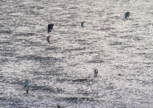 Kitesurfers and windsurfers in strong winds on the beach of Scheveningen, The Hague, Netherlands