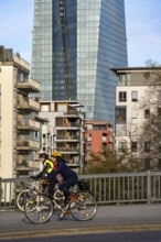 Building of the European Central Bank, ECB, on the Main in Frankfurt, residential buildings on the