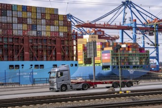 Port of Hamburg, Waltershofer Hafen, container ships, lorries bring and collect freight containers