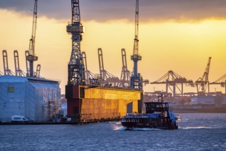 Port of Hamburg, view of the Blohm + Voss shipyard, Dock 11, evening, cranes of the container