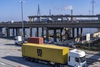 The Köhlbrand Bridge in the Port of Hamburg, rear, front trucks on the Waltershoferdam, access to