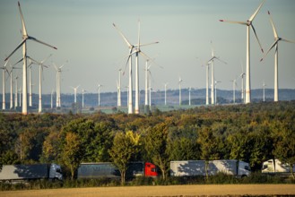 Wind farm near Bad Wünnenberg, OWL, A44 motorway, HGV traffic, North Rhine-Westphalia, Germany,