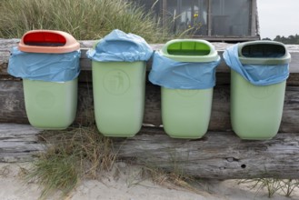 Several litter bins next to each other, Föhr, North Sea island, North Frisia, Schleswig-Holstein,