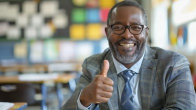 Proud african american male teacher giving a bright smile and a thumbs up in his classroom.