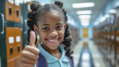 Cute african american school girl giving a thumbs up in the hallway of her school. generative AI,