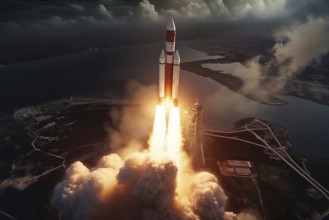 Aerial view of a rocket launch at sunrise sunset over an ocean coast. The rocket is blasting off