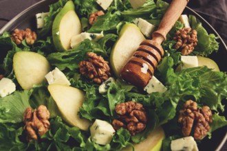 Keto Salad, pear with blue cheese and walnut, selective focus, no people, close-up