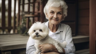 Attractive happy elderly woman on her porch holding her maltese puppy, generative AI, AI generated