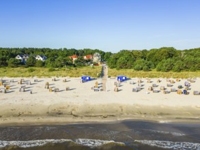 Aerial view, drone photo beach chairs and sandy beach at the Baltic Sea, Baltic resort Karlshagen,