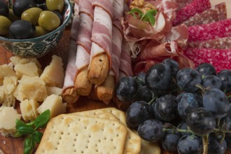 Appetizer, assortment, set, sausage, and cheese, on a wooden board, top view, no people