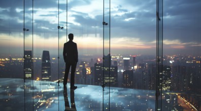 Confident business manager executive overlooking financial center from corporate office, AI