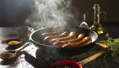 A frying pan of hot beef and pork sausages being grilled with spices and oil on a rustic table, AI