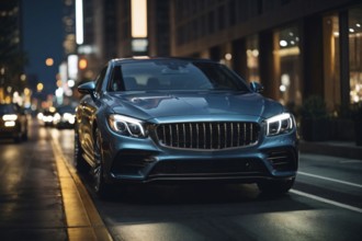 A blue luxury car parked on a city street at night. The car is shiny and has a sleek design. The