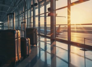 Passenger travel suitcases and bags in the airport terminal, concept of travel and vacation, AI