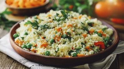 A bowl of couscous with a variety of vegetables and grains, AI generated