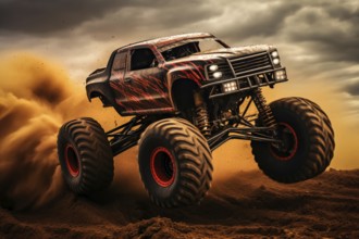 Monster truck driving and jumping outdoors amidst a cloud of dust. Thrill and adrenaline of an