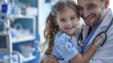 Doctor hugging little girl in hospital room. Smiling young girl being held by a doctor, AI