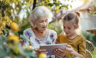 Young girl teaches senior woman new technologies on tablet and showing her how to use device, AI