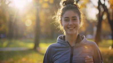 A woman runner running and jogging in a park. Active lifestyle, training for endurance, AI