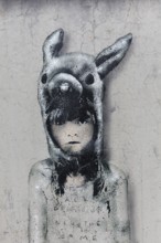 Little girl with animal cap, mural by street artist L.E.T, Düsseldorf, North Rhine-Westphalia,