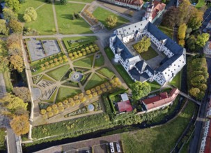 Aerial view of Ehrenstein Castle, a well-preserved Renaissance castle, with castle garden. Ohrdruf,