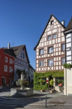 Fountain and half-timbered houses in Aufkircher Straße, old town centre of Überlingen on Lake