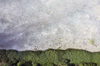 Aerial view of dried up fish ponds in Reckahn in Brandenburg. The Plane, a river that normally