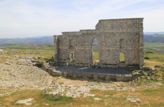 Remains of Roman theatre stage background wall and seating area, Acinipo Roman town site Ronda la