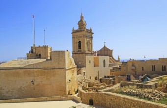 Cathedral church tower and ruins inside citadel castle walls Il-Kastell, Victoria Rabat, Gozo,