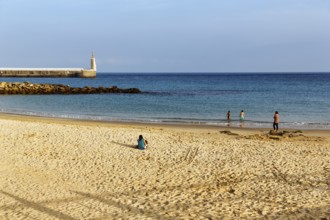 Sandy beach beach, Playa Chica with tourists, Tarifa, Strait of Gibraltar, Costa de la Luz,