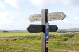 Direction arrow signs on the prehistoric Ridgeway long distance route way, near Overton Hill,