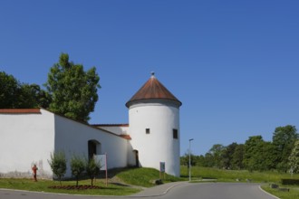 Castle wall, round corner tower of Meßkirch Castle, castle of the Counts of Zimmern, Zimmern