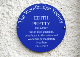 Blue plaque Tranmer House home of Mrs Edith Pretty, Sutton Hoo, Suffolk, England, UK