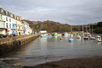 View of boats in the harbour in sunshine of winter afternoon, Ilfracombe, north Devon, England,