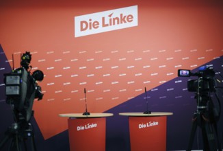 Press wall in the party headquarters of the Left Party, in the Karl Liebknecht House in Kleine