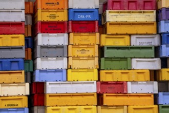 The town harbour of Sassnitz, island of Rügen, boxes of fish waiting for the new catch, at the